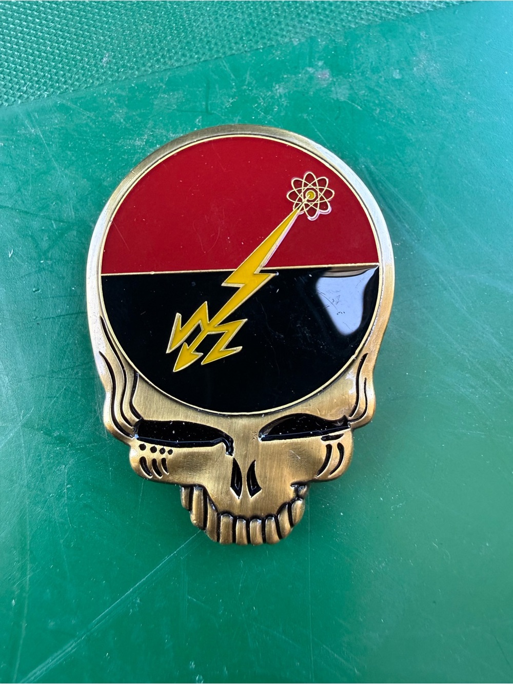 Brass Skull Enamel Pin with Red and Black Dial